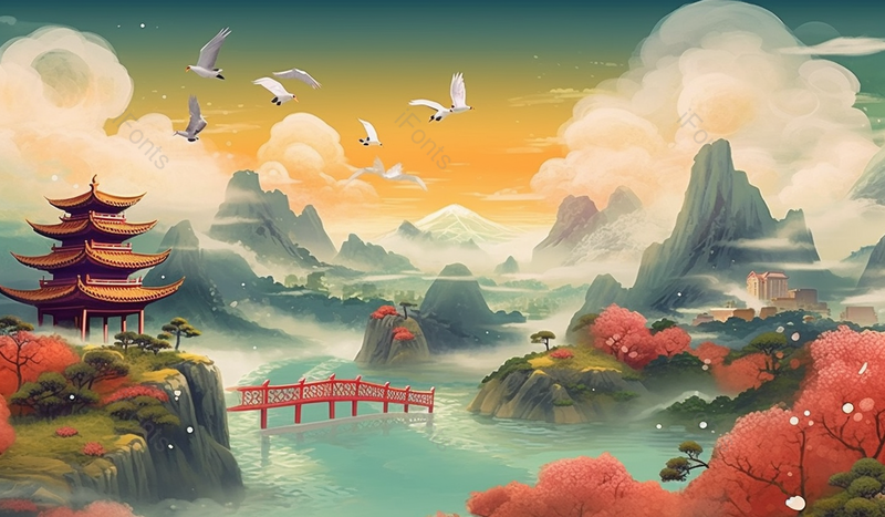 中国风国潮古代建筑山水风景插画,插画/手绘图,插画/手绘图库,插画/手绘图下载,插画/手绘